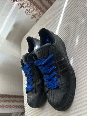 adidas Black Leather Low-Top Sneakers with Blue Laces